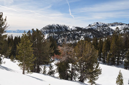 Image of Lake Tahoe far left; Ginny Lake area and Slab Cliffs far right