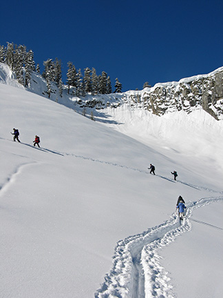 Image of skiers ascending the bowl below Horse Ridge